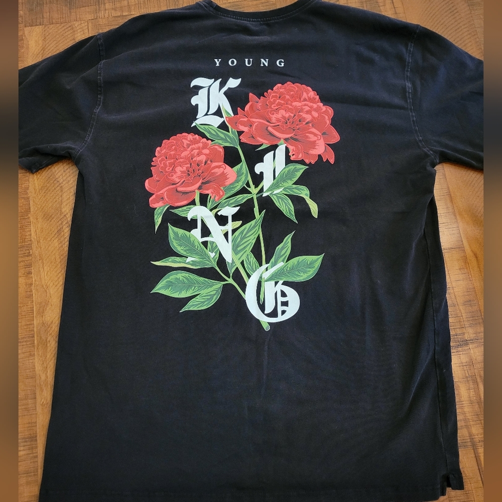 YoungLA Black Shirt with Red Floral Design
